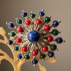 Vintage Sarah Coventry Carnival brooch, starburst blue green red cabochons